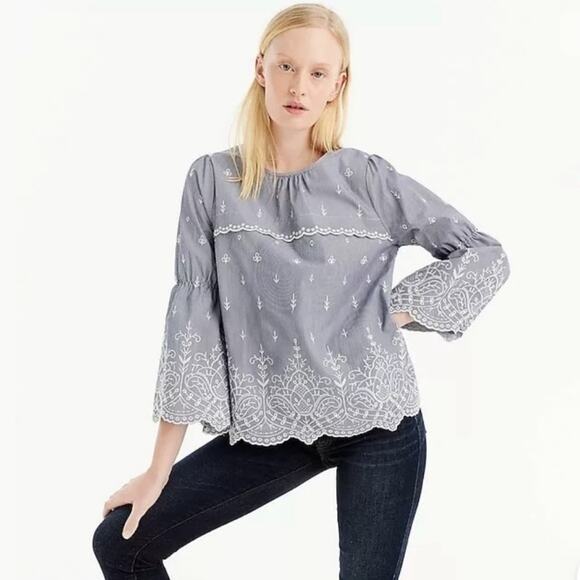 J. Crew Striped Embroidered Bell Sleeve Top Blouse XXS - Picture 1 of 7